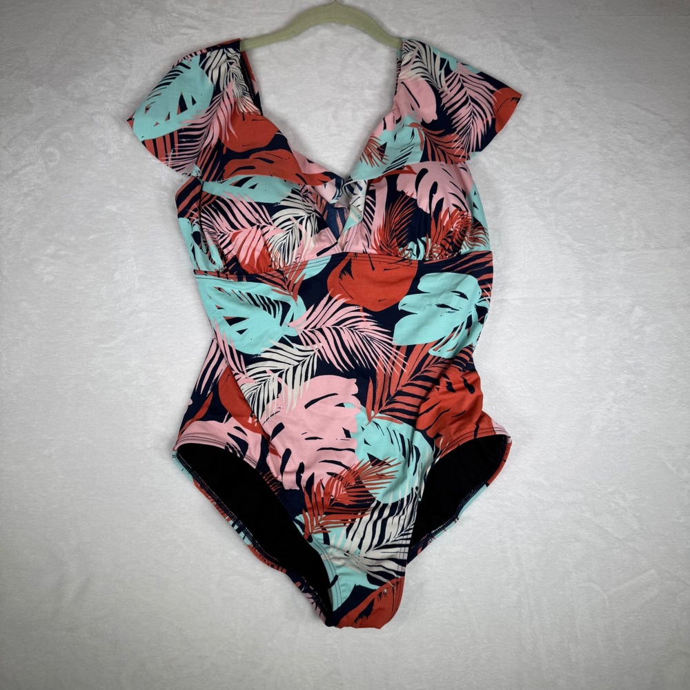 Fit 4 U Womens Swimsuit 16W Tropical Leaf Print One Piece Ruffle Off Shoulder - Picture 2 of 8